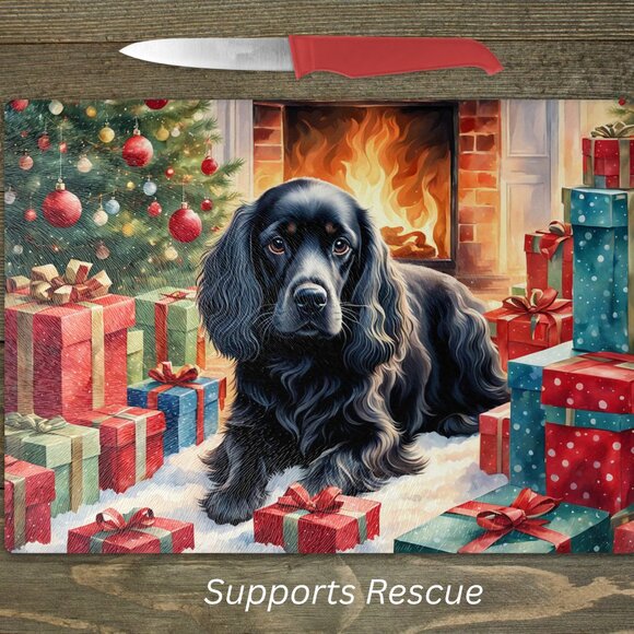 Christmas Black Cocker Spaniel Kitchen Tempered Glass Cutting Board or Trivet - Picture 1 of 1